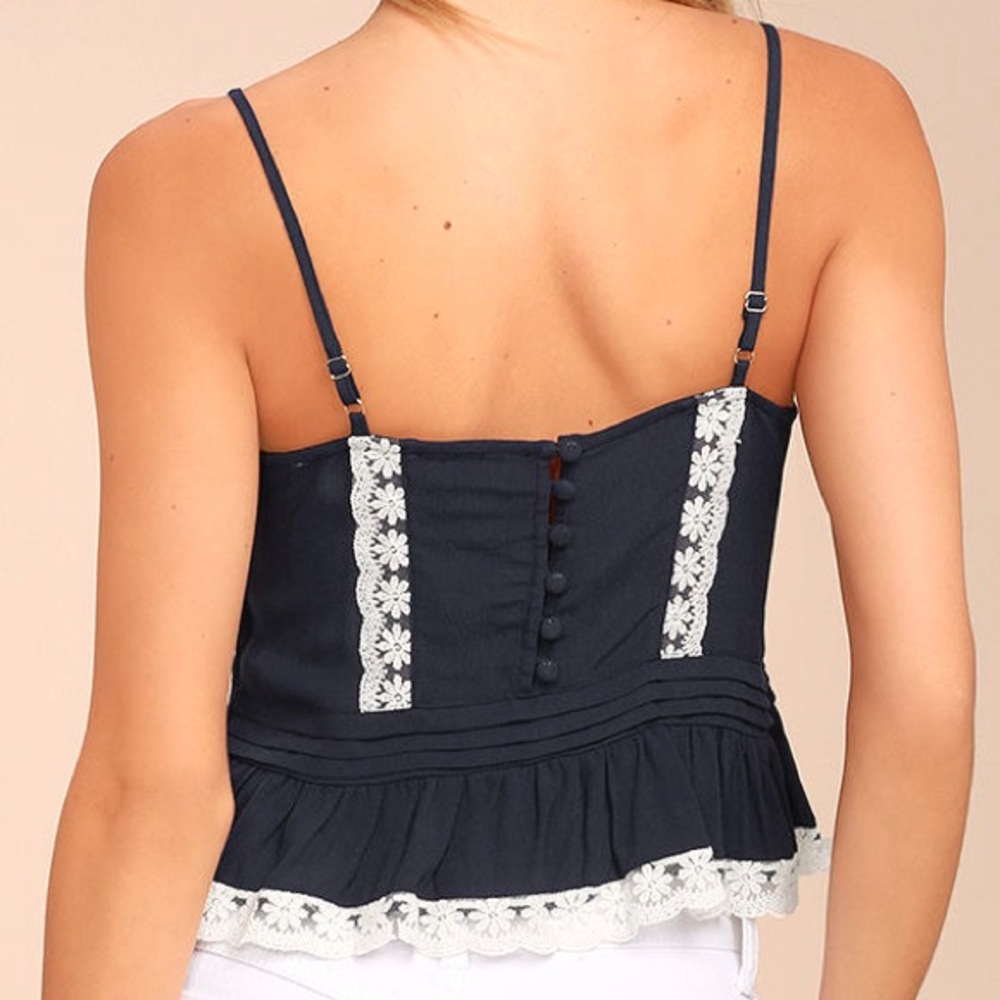 Lulus Navy Blue Eyelet Lace Crop Top Ruffle Cami Adjustable Straps - Picture 5 of 5